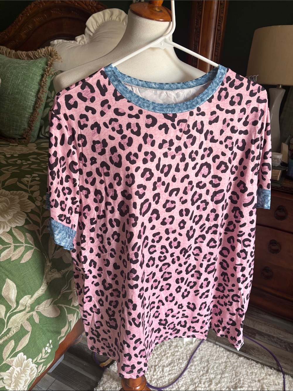Pink Leopard Print Tee with printed Denim Trim